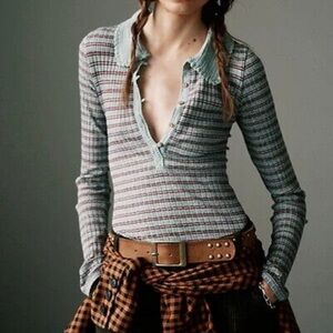 EUC Free People Deliah Striped Long Sleeve Top with Crochet Collar size Medium